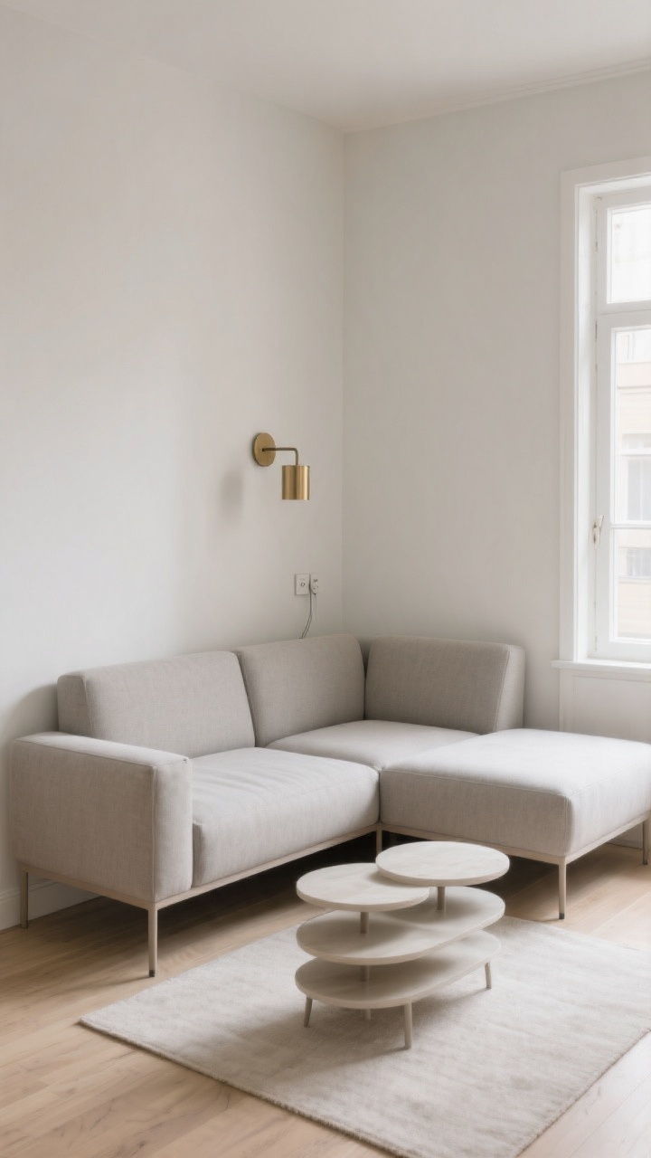 A compact living room captured from a corner angle, featuring a petite modular sectional optimized for small spaces: armless center modules preserve seat width, tight-back corner unit tucks neatly into a 90-degree nook, and slim raised legs create a floating effect. Upholstery color matches the wall tone (soft greige) to visually expand the room. Include a nesting coffee table set, partially stacked, and wall-mounted plug-in sconces in brushed brass to free floor space. Airy daylight, uncluttered styling; photorealistic.
