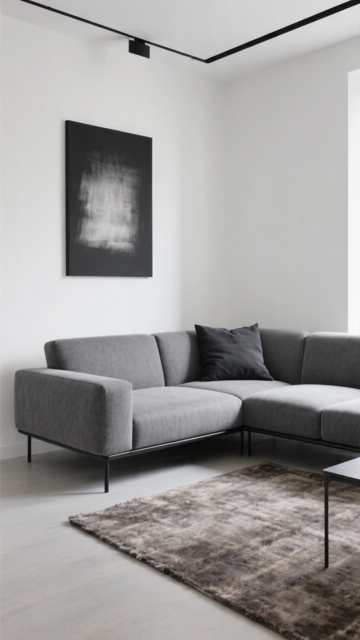 A medium, corner-angle view of a clean-lined minimalist modular sectional with straight arms, tight-back cushions, and thin rails, lifted on slim matte black metal legs to show more floor. Monochrome palette: stone gray sofa with charcoal pillows, paired with a warm wool rug underfoot. A single oversized art piece in black-and-white hangs on a pristine white wall; matte black lighting adds contrast. Even, gallery-like daylight with subtle shadows; crisp, uncluttered composition, photorealistic.