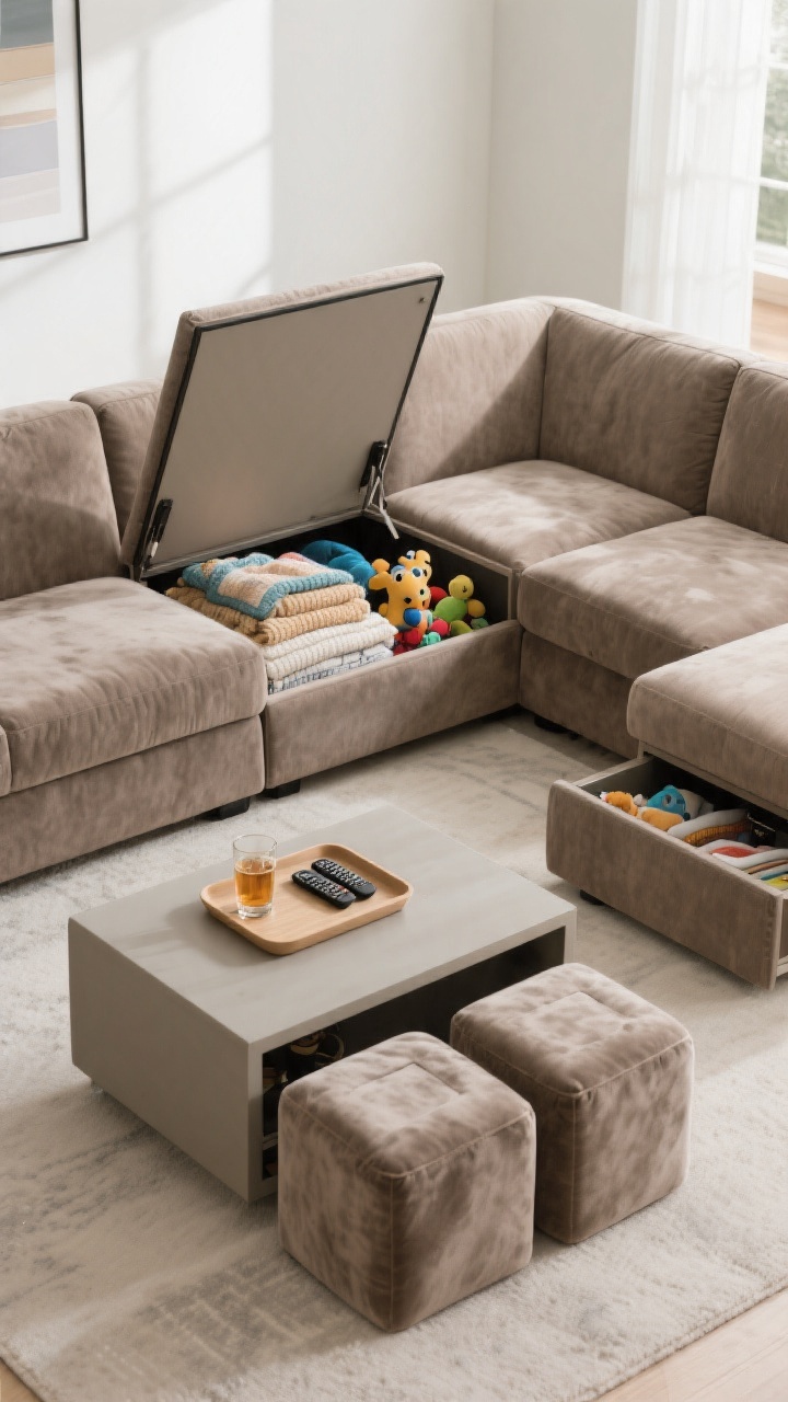A medium shot focused on a family-first modular sectional with built-in storage: show a lift-up chaise module partially open revealing neatly stashed blankets and toys, plus two ottoman cubes with removable lids doubling as a coffee-table setup. Upholstery in a durable performance velvet or tightly woven polyester blend in a medium-tone taupe that hides stains. Tray-topped ottoman holds drinks and remotes; armless add-on visible at one end for expandability. Bright, practical daytime lighting; photorealistic.