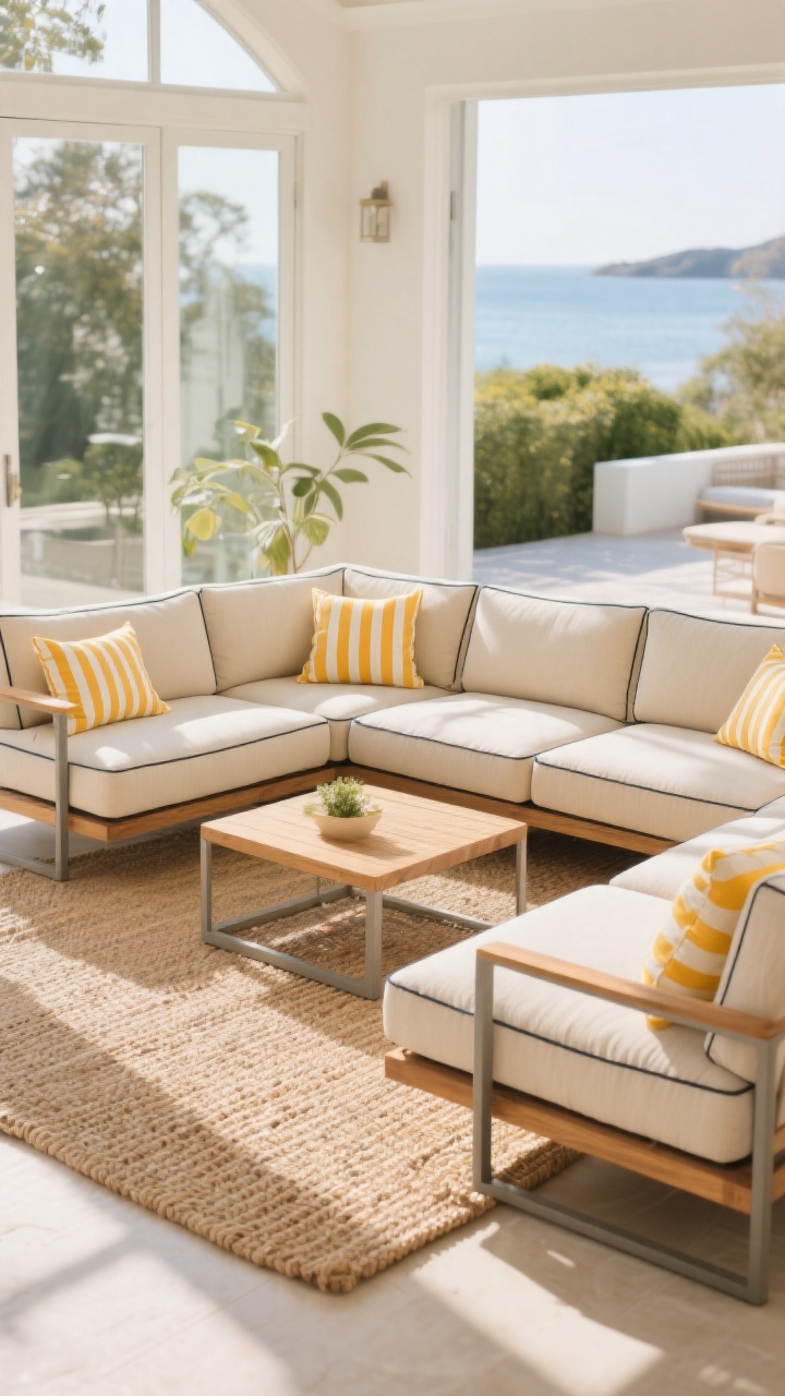 A medium-wide sunroom/indoor-outdoor hybrid setup with a modular sectional in solution-dyed acrylic fabric in light neutrals (sand/oyster) accented by contrast welt/piping. Base in teak or powder-coated aluminum for a breezy, resort feel. Arrange modules in a conversational semi-circle; add striped and citrus-toned pillows for pops of color. Ground the scene with a woven indoor-outdoor rug; bright, sunlit ambiance suggesting UV resilience and easy cleanup. No people, photorealistic.