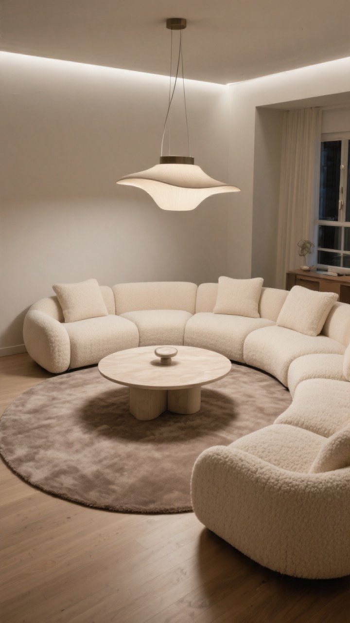 A wide, overhead-leaning angle capturing a curved modular sectional with arc-shaped corner units that soften a boxy apartment layout. Upholstered in creamy bouclé, the organic lines echo a round or oval sculptural coffee table at center. The seating floats on a large circular rug in a soft taupe, with gentle indirect evening lighting creating mood. Include a sculptural pendant above the coffee table; compact curves maximize flow. No people, photorealistic.