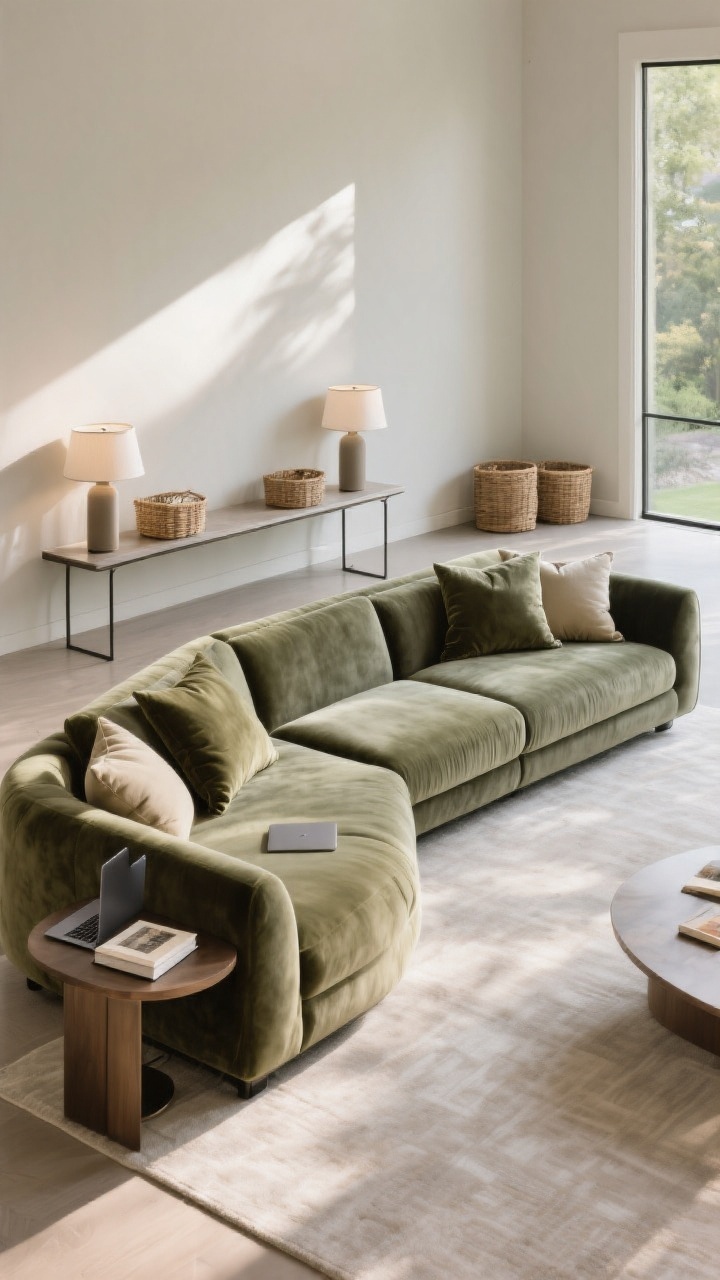 A wide, straight-on scene of a luxe lounge sectional with asymmetry: standard seats on the left and an extra-long chaise transitioning into a double-wide daybed module on the right. Upholstered in buttery performance velvet in a muted moss or slate, with wide arms acting as side tables holding a laptop and a book. Layer oversized euro pillows on the daybed for a reading-nook vibe. The sofa is floated with a slim console table behind it supporting lamps and storage baskets. Soft afternoon light with gentle highlights; photorealistic.