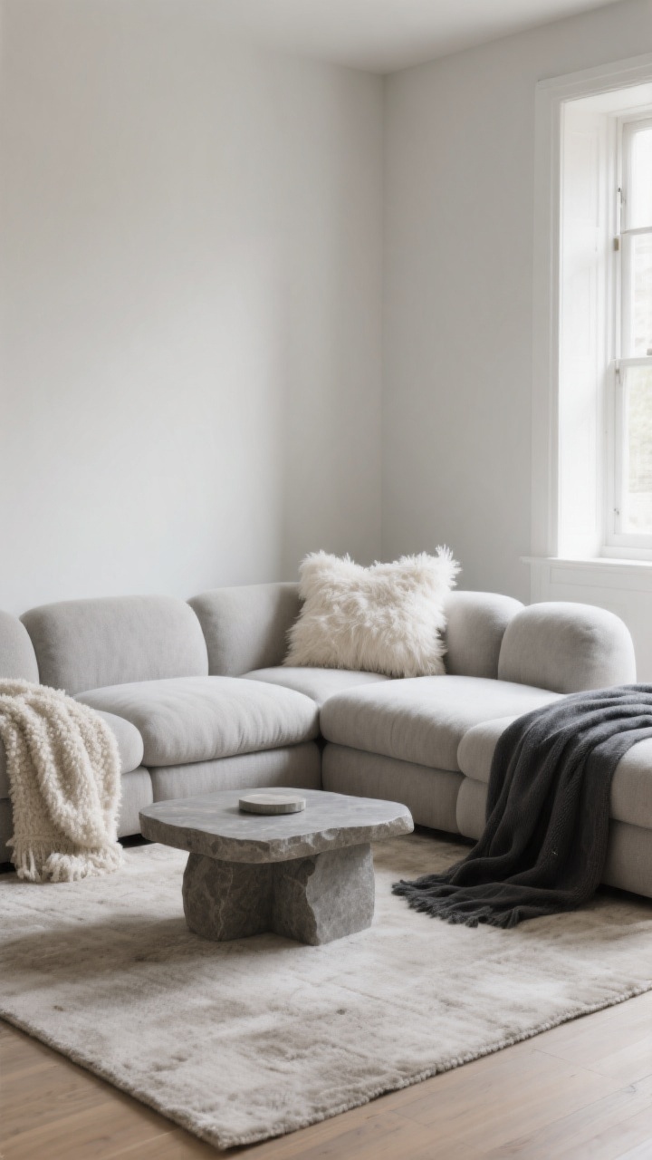A wide, straight-on shot of a low-profile, cloud-style modular sectional in a small modern living room, arranged in a relaxed U-shape with deep, extra-plush feather-blend cushions, low arms and low back that keep sightlines open. Style with a sleek stone coffee table on a neutral rug, two contrasting throws (one nubby bouclé in cream, one smooth linen in charcoal) draped casually, and performance fabric upholstery in a soft light gray. Soft natural daylight fills the room for an inviting, loungey “sink-in” mood; no people, photorealistic.