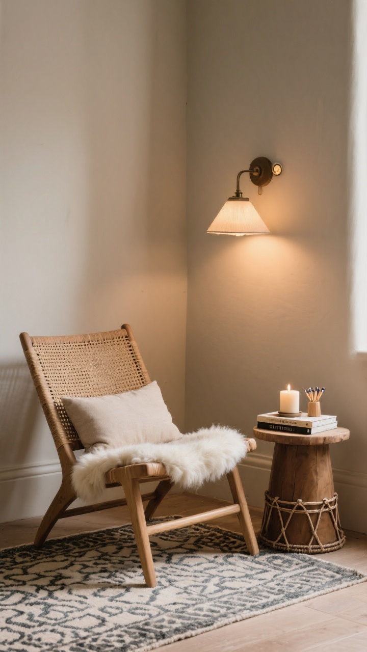 Close, cozy corner vignette: a rattan or sling chair angled on a small patterned rug with a sheepskin layer, a lumbar cushion for comfort, a compact side table or drum stool holding a candle, match striker, and a favorite book; a warm table lamp or wall sconce with dimmer casting low, intimate light; tight composition, no clutter.