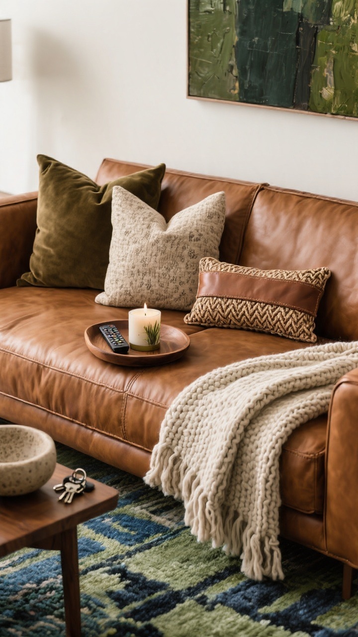 Closeup detail of accessories on and around a cognac chestnut sofa: pillow set for a 3-seater—two 22" textured neutrals, two 20" (one solid velvet, one small-scale print), and one leather or woven lumbar; colors pulled from a rug/art in moss, indigo, and charcoal. A chunky knit throw draped diagonally and a lightweight linen throw folded over the arm. On a wood tray: remotes and a candle with cedar/vetiver notes; nearby ceramic or travertine bowl for keys. Clean, photorealistic styling with gentle natural light.