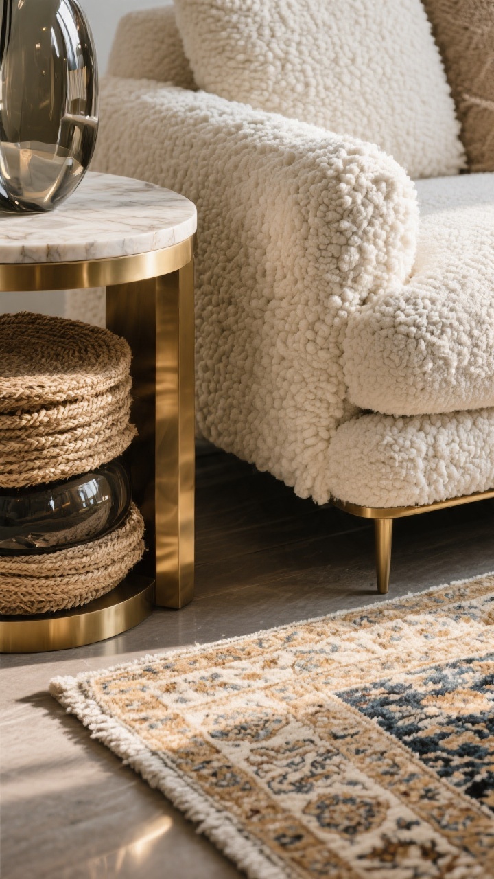 Closeup detail of layered textures: chunky ivory boucle sofa arm beside a sleek brushed brass side table with a travertine top; overlapping rug stack where a natural jute rug underlies a patterned wool/Persian runner; a piece of smoked glass decor reflecting light. The shot captures tactile contrast—soft vs. hard, matte vs. shine—to add depth. Warm, directional light grazing surfaces to reveal nubby weaves and polished highlights, photorealistic.