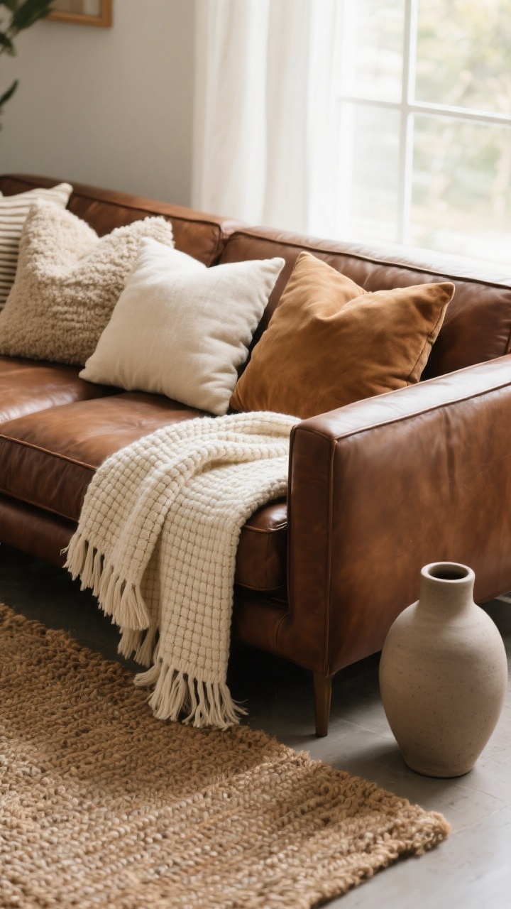 Closeup detail shot: a chocolate brown leather sofa corner layered with textures—nubby jute rug underfoot, a cream waffle-knit throw draped over the arm, a soft fringed blanket in sand folded nearby, and a mix of pillows in suede, bouclé, and linen (varying sizes) in cream, oat, and camel; a matte ceramic vase on the floor adds tactile contrast. Soft natural window light, warm and cozy mood, shallow depth of field emphasizing the varied weaves and grains. No people.