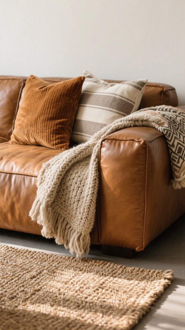 Closeup detail shot: a cognac leather sofa arm with soft sheen, layered with textiles—an alpaca chunky knit throw draped casually, pillows including a ribbed velvet in warm camel, a linen stripe in greige and cream, and one patterned pillow; foreground shows the edge of a flatweave rug layered over a larger jute/sisal rug beneath; natural daylight grazing the leather and matte fabrics to emphasize contrast of shiny leather vs matte textures; neutral walls, no people, photorealistic.