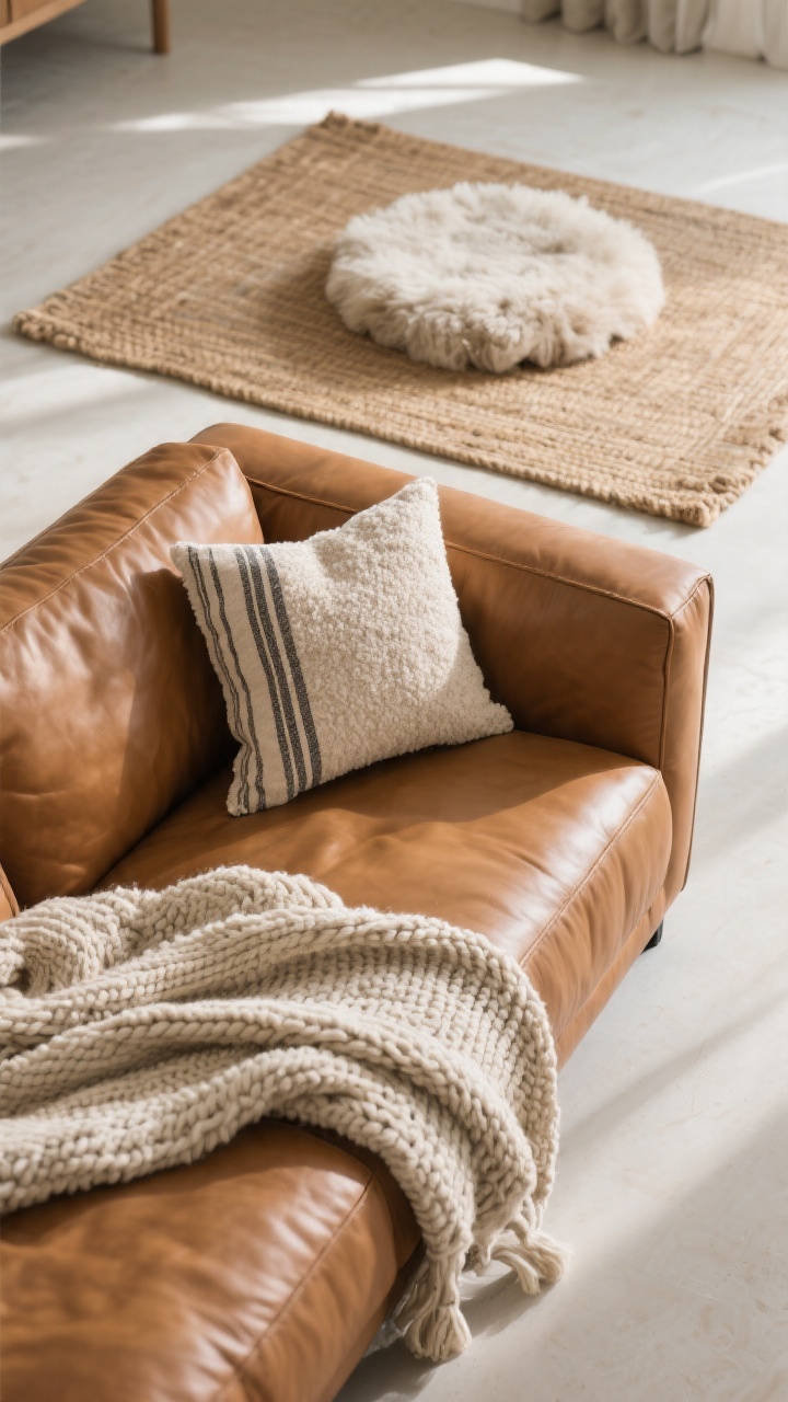 Closeup detail shot: a cognac leather sofa corner in a neutral living room, styled with mixed textures—bouclé and linen throw pillows including a small-scale stripe, a casually draped chunky knit blanket, and behind it a layered rug setup with a natural jute flatweave base topped by a smaller plush wool rug; soft natural afternoon light grazing the fabrics to emphasize tactile texture; no people, photorealistic.