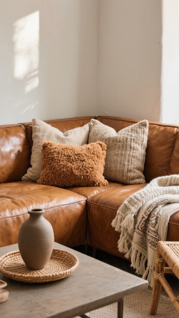 Closeup detail shot: a cognac tan leather sofa corner layered with textures—slubby linen and bouclé pillows in warm neutrals, a chunky knit throw draped for winter on one side and a lightweight Turkish throw folded nearby, a matte ceramic vase on a low table, and a woven rattan tray on a cane side chair beside the sofa. Soft natural daylight, slight gloss on the leather contrasted with matte fabrics; no other shiny surfaces.
