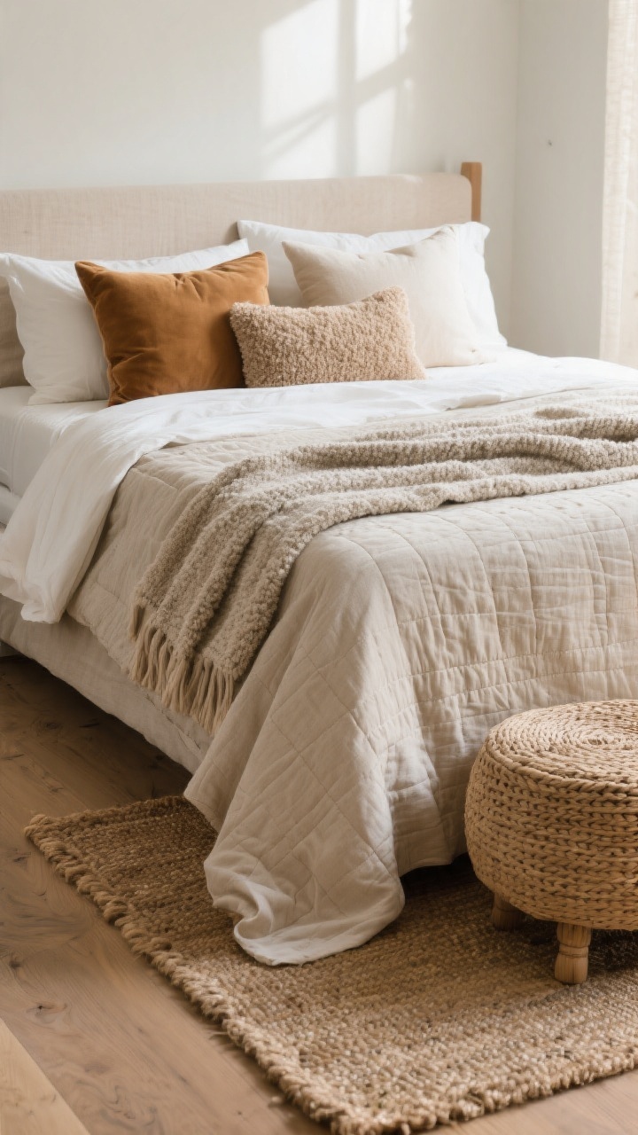 Closeup detail shot: A layered neutral bed showcasing touchable textures—washed linen sheets in creamy beige, a quilt in warm greige, and a slubby duvet folded back, topped with a casually draped boucle throw; pillows mixed smartly (smooth cotton, plush camel velvet, and textured boucle) in warm whites and taupes; edge of a nubby jute rug meeting smooth oak floor, with a woven jute ottoman at the foot for a “rough” grounding element; soft morning natural light highlighting fabric weaves; no people, photorealistic, shallow depth of field.