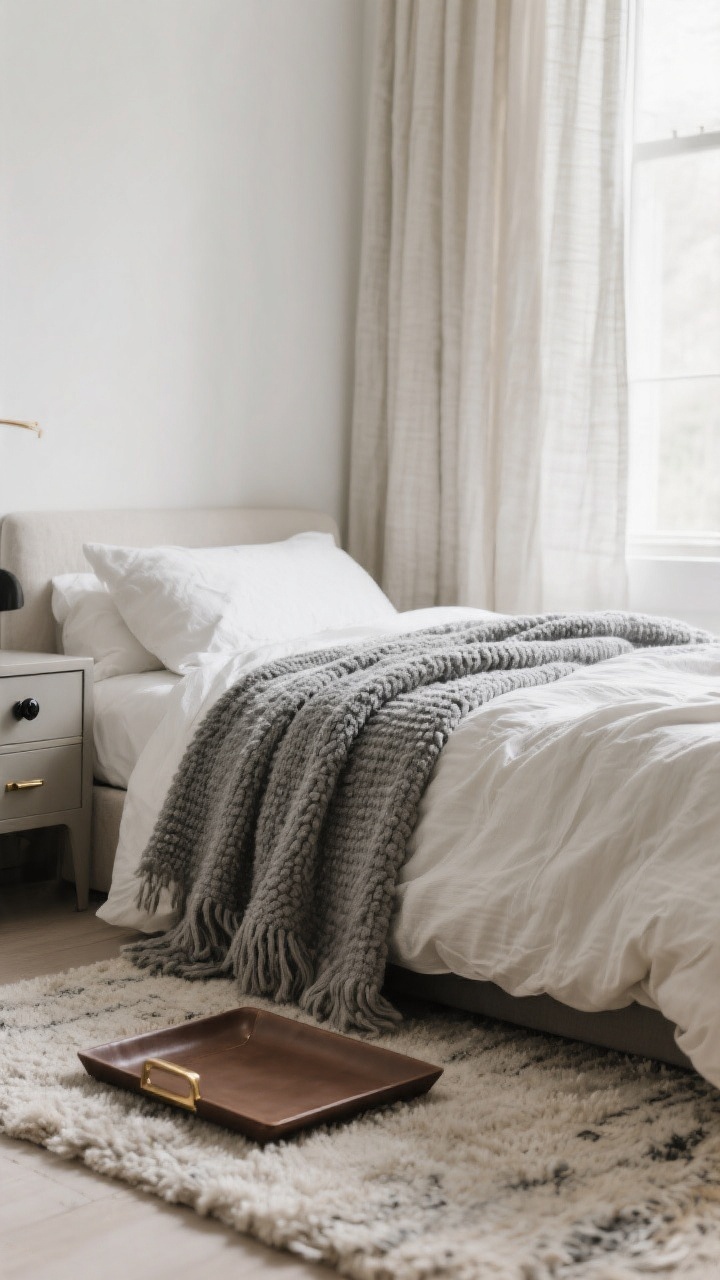 Closeup detail shot: a monochrome small bedroom vignette in warm whites and greige, showing layered textures—boucle throw draped over a slate-gray linen duvet, nubby wool rug edge, softly wrinkled linen curtains, and a taupe leather tray on the bed. Include subtle brushed brass drawer pull and a matte black accent knob on nearby furniture for quiet polish. Soft natural morning light, shallow depth of field to highlight fabric weaves and texture contrast. No additional colors; calm, airy, photorealistic.