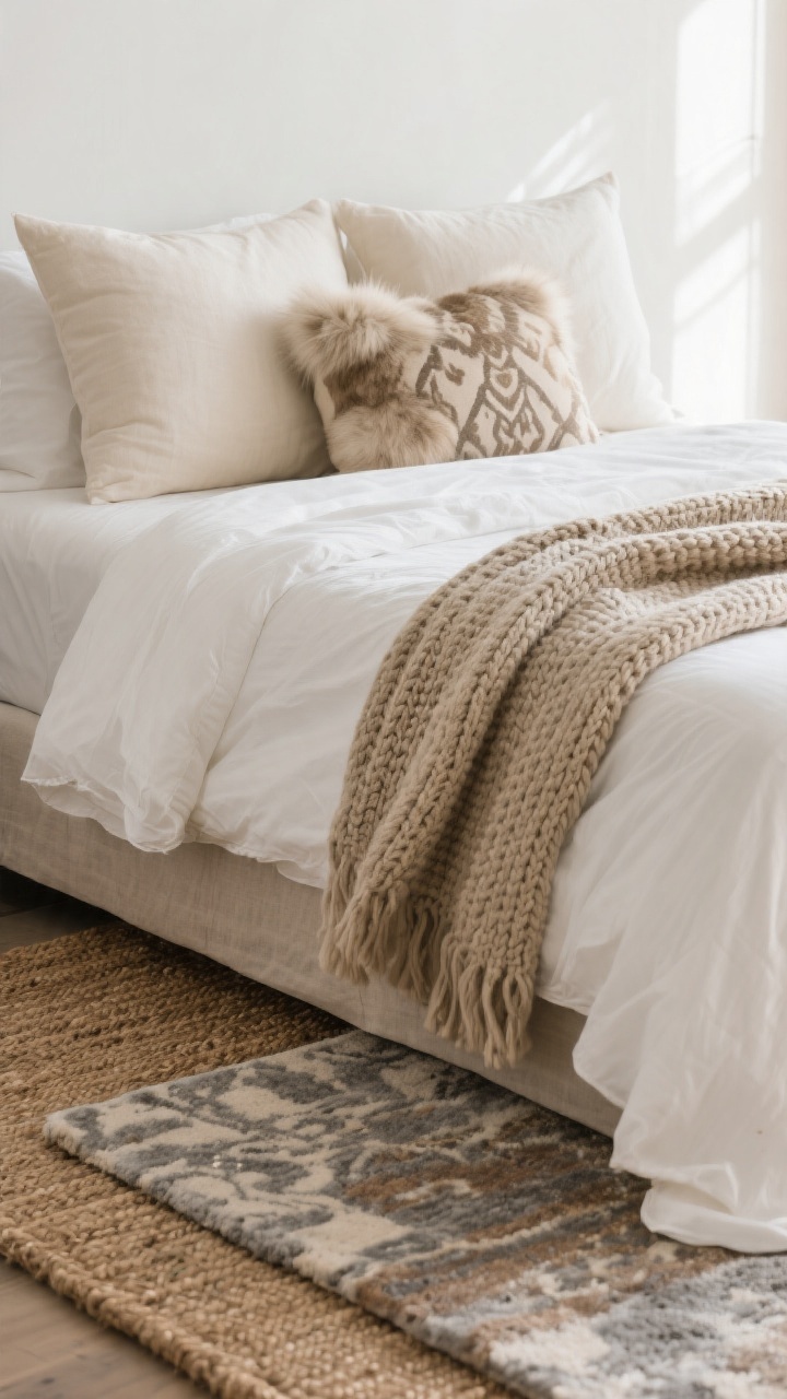 Closeup detail shot of a neatly made bed showcasing layered textures: crisp white cotton sheets, a natural flax-colored linen duvet, two smooth cream pillows, a single patterned lumbar pillow in muted earth tones, and a chunky knit throw in warm oatmeal draped casually. Add a small faux fur pillow as a tactile showstopper. In the foreground, an overlapping rug combo: a large jute rug base with a smaller patterned wool rug in soft gray and taupe on top. Soft morning natural light from the side accentuates the fabric weaves; no people, photorealistic.