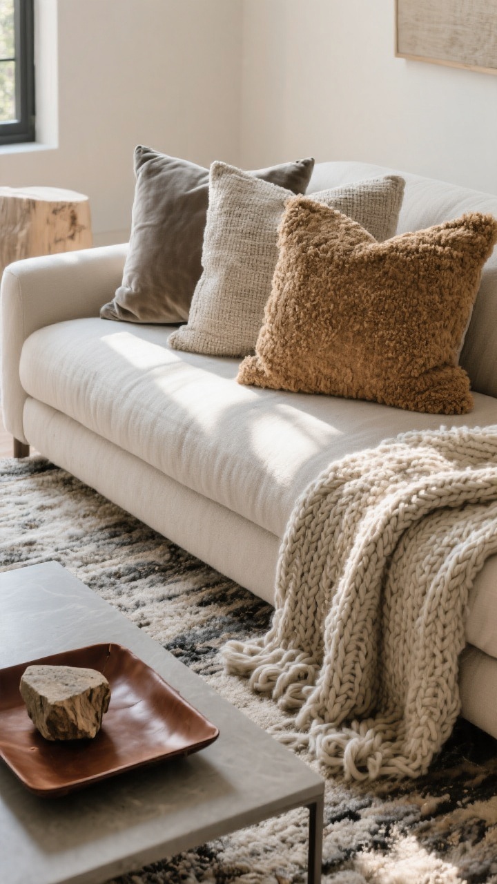 Closeup detail shot of layered textures on the big sofa corner: a wool rug underfoot transitioning to a chunky knit throw, linen and velvet pillows, and a nubby bouclé pillow; on the sleek coffee table sits a rich brown leather tray holding a small stone object; palettes kept tight in creams, warm grays, and camel for an intentional look; subtle sunlight rakes across fabrics to highlight tactile depth; include one “rough” accent like a piece of weathered wood on the tray; photorealistic, no people.