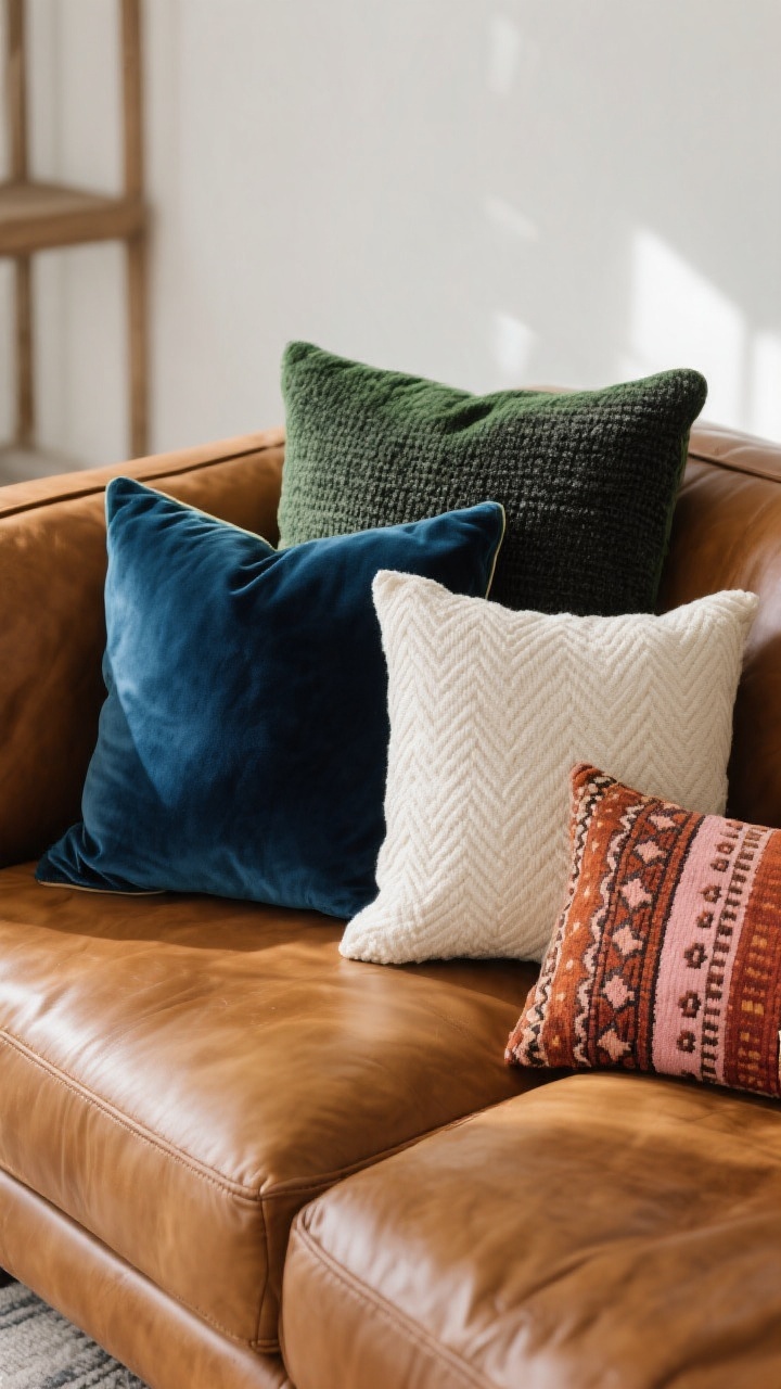 Closeup, straight-on view of a cognac leather sofa corner piled with confident-contrast pillows: 24-inch indigo velvet square, 22-inch forest green linen square, a 20-inch charcoal bouclé, a cream slub-linen with micro herringbone texture, and a narrow rust-and-blush kilim lumbar as the unexpected vintage accent. Emphasize tactile contrast against the smooth leather. Soft natural afternoon light, shallow depth of field to highlight fabric weave and velvet sheen. No people, photorealistic.