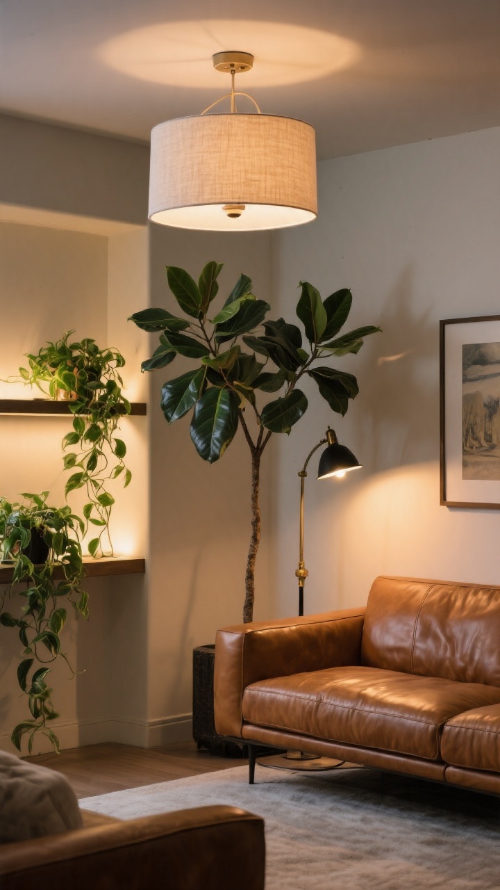 Corner-angle living room scene highlighting greenery and layered lighting around a cognac leather sofa: a slender olive tree (faux or real) providing airy height, a Rubber plant with sculptural leaves nearby, and a trailing pothos on a shelf. Lighting layers include a linen-shade semi-flush overhead on a dimmer (ambient), a black or aged brass floor lamp for task lighting by the sofa, and a picture light over art; all bulbs warm 2700K. Evening glow, cozy atmosphere.