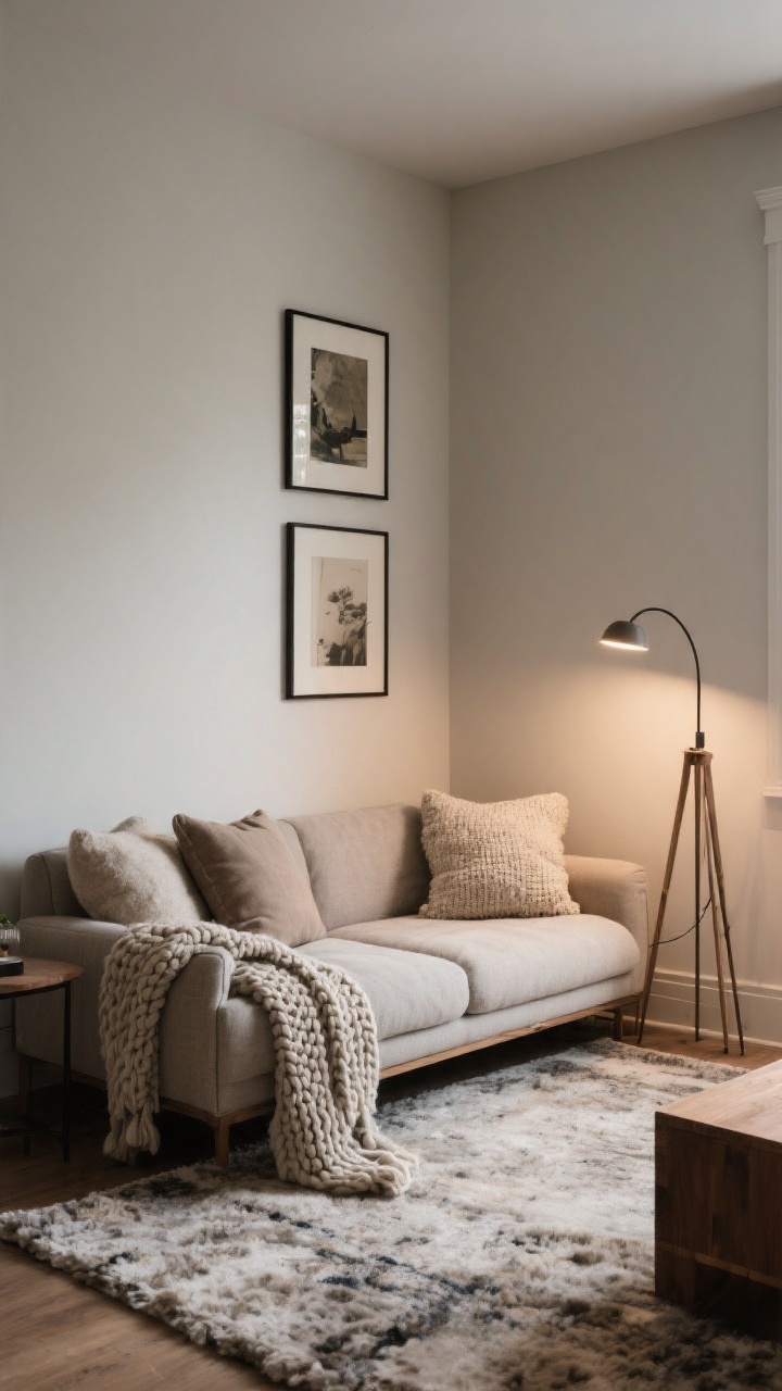Corner angle medium shot: A sectional tightly tucked into a room corner creating a cozy den effect; layered soft textures including a plush rug underfoot, nubby throw pillows, and a chunky knit throw; a vertical stack of two or three framed artworks hung above the back to draw the eye upward; a corner arc or tripod floor lamp illuminating the nook without using table space; calm, intimate mood suited to small rooms and low ceilings; photorealistic.