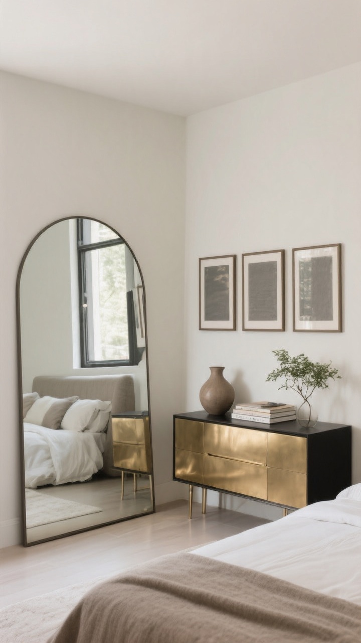 Corner-angle medium shot emphasizing calm: a large arched-floor mirror opposite a window to multiply light, slim-framed oversized art centered over the bed (or a tidy triptych) in a palette aligned with the room’s warm whites, taupes, and slate gray. Minimal accessories only: one sculptural vase, a small stack of books, and a single plant on a dresser. Metals limited to brass and black for cohesion. Clean surfaces, photorealistic, airy mood.
