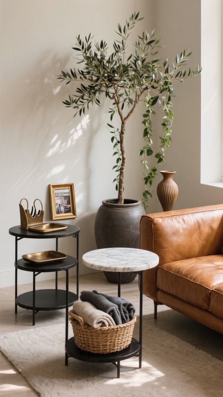 Corner-angle medium shot highlighting sidekicks and finishing accents around a cognac leather sofa: a black metal nesting side table set on one side and a petite round marble table on the other; a tall olive tree in a matte ceramic pot, a trailing pothos on the lower nest table; a woven basket filled with neatly folded throws; a sculptural floor vase near the arm; a sleek magazine rack in antique bronze. Repeat brass subtly in a frame and tray for cohesion. Warm, soft daylight with gentle shadows adding dimension and soul. No people, photorealistic.