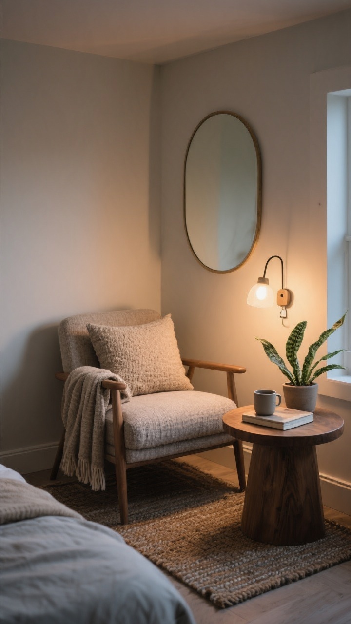 Corner-angle medium shot of a cozy bedroom nook carved out from a small space. Show a compact armless accent chair in textured linen with a nubby cushion, a petite round wood side table just big enough for a mug and book, and a plug-in sconce providing soft, warm light. Layer a small rug to define the zone, place a snake plant in a simple pot, and drape a usable throw over the chair arm. A wall mirror above the chair bounces light and visually enlarges the area. Evening glow, photorealistic.
