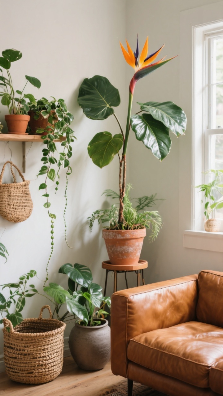 Corner composition showcasing a plant-filled boho nook beside a cognac tan leather couch: a tall bird of paradise or rubber tree providing height, mid-height plant on a stand, and trailing pothos or string of pearls cascading from a shelf; planters in textured terracotta, woven baskets, and matte ceramic; subtle layering of greens against warm leather; natural morning light from a side window catching leaf sheen; tranquil, alive atmosphere, no people