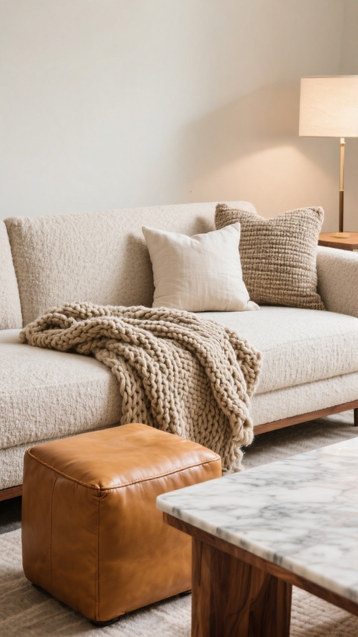 Detail closeup: A layered texture vignette on a neutral fabric sectional—nubby weave upholstery, a buttery caramel leather ottoman, chunky wool knit throw draped over the arm, crisp linen pillows, and a marble coffee table edge paired with a warm wood side table; soft side lighting emphasizes tactile contrast; three-plus textures clearly visible, elevated yet cozy styling.