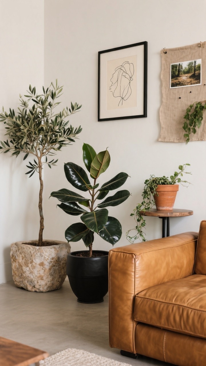 Detail closeup: A styled grouping that brings life to cognac leather—foreground shows the sofa arm beside a matte black planter with a rubber plant’s glossy leaves; background includes a stone planter with an olive tree and a terracotta pot with a trailing plant; organic art on the wall (line drawing and nature photo) and a tactile linen pinboard; repeated plant textures (one tall, one medium tabletop, one trailing) for a curated feel; soft natural light, photorealistic.