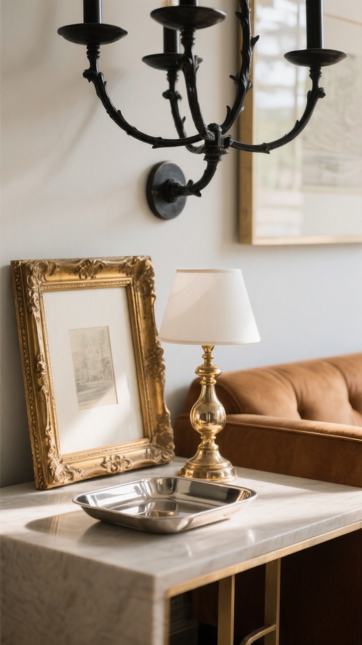 Detail closeup: A styled vignette mixing metals—blackened iron chandelier arm in the background, antique brass picture frame and lamp finial in the midground, and a small polished nickel tray catching light in the foreground; arranged on a neutral console surface near the cognac couch; balanced composition conveying a 60/30/10 ratio of iron, brass, and nickel; soft afternoon light to emphasize finishes without glare.