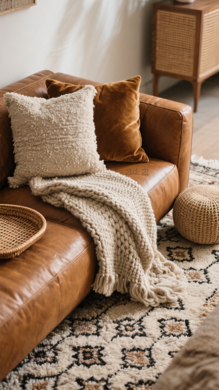 Detail closeup: A textured vignette at the corner of a cognac leather sofa showcasing layered materials. Include a thick wool rug with Moroccan-inspired pattern underfoot, a mix of linen, bouclé, and velvet pillows in 20" and 22" sizes, and a casually draped chunky knit or alpaca throw. Add a rattan tray on the seat edge and a jute pouf nearby; a cane-front cabinet blurred in the background. Tight color palette of two to three hues, soft ambient light highlighting fabric weaves and leather grain, photorealistic.
