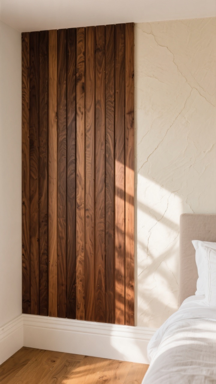 Detail closeup: A vertical slice of a bedroom wall showing rich walnut-stained wood slats evenly spaced with pro-level rhythm, adjacent to a section of creamy limewashed plaster in two close tones blended with X-strokes; raking afternoon light reveals depth, shadow play, and the diffuse, cloud-like texture; a hint of white baseboard and warm oak floor visible for contrast.