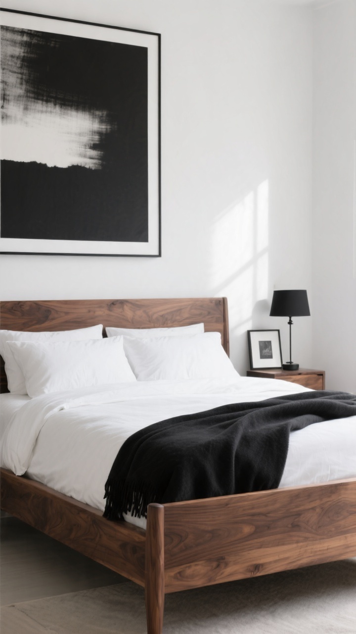 Detail closeup: A walnut bed frame with crisp white bedding and a neatly folded black throw at the foot, captured to emphasize wood grain and fabric contrast. In the background, one oversized black-and-white art piece hangs on a white wall, while small black accents—lamp base and picture frame—add balance without overwhelming. Natural daylight highlights the richness of walnut and the clean black-and-white palette. Photorealistic.