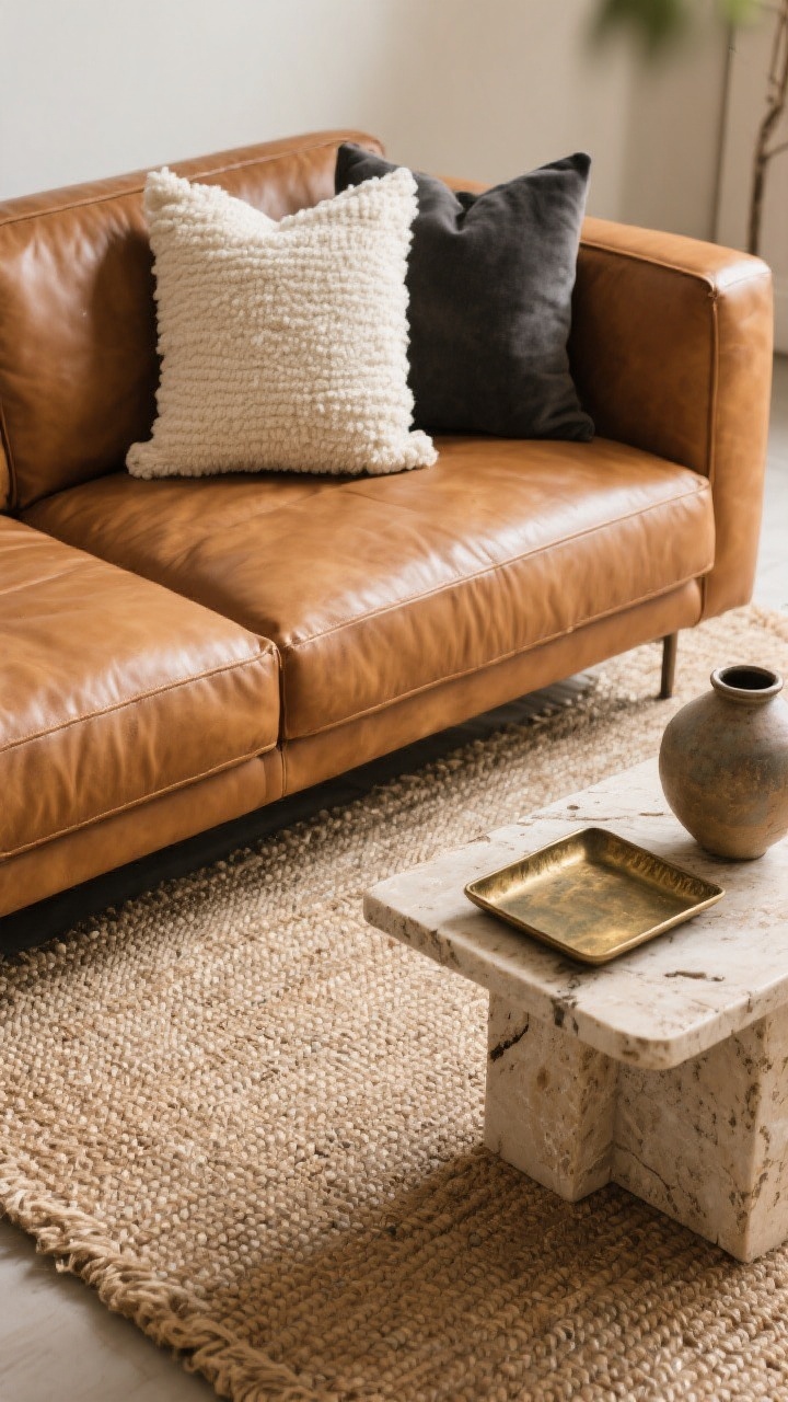 Detail closeup: An overhead view of a low-pile jute rug grounding a cognac leather sofa edge, styled with linen and bouclé throw pillows in cream and charcoal; a travertine side table holds an aged brass tray with a ceramic vase; warm, diffuse light emphasizing mixed textures; no chrome, photorealistic.
