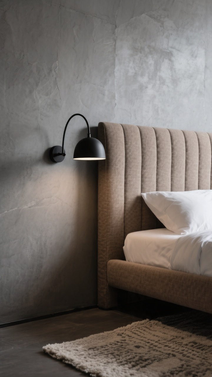 Detail closeup: An upholstered taupe headboard set against smooth stone gray walls, captured from a side angle to show depth and texture. A black swing-arm sconce arcs above the headboard, its matte finish contrasting with the soft weave of the taupe fabric. In the lower frame, the edge of a neutral wool rug with a subtle, understated pattern is visible. Lighting is moody but controlled, highlighting the interplay of gray, taupe warmth, and black accents. Photorealistic.