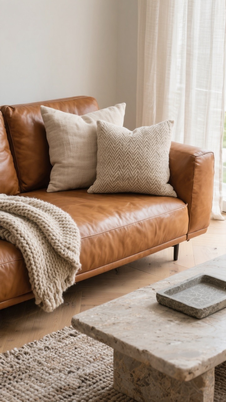 Detail closeup, angled from sofa corner: Texture-forward vignette on a cognac leather cushion showing two oversized neutral slub-linen pillows and one lumbar pillow in a micro-herringbone or bouclé weave. A chunky knit throw drapes over the arm. In the foreground, a matte travertine coffee table holds a stone tray with subtle grain. Sheer linen panels filter soft daylight in the background; a woven wool area rug layers over light wood flooring for a cozy, acoustic feel. Capture the mix: smooth leather + nubby textiles + organic stone/wood.