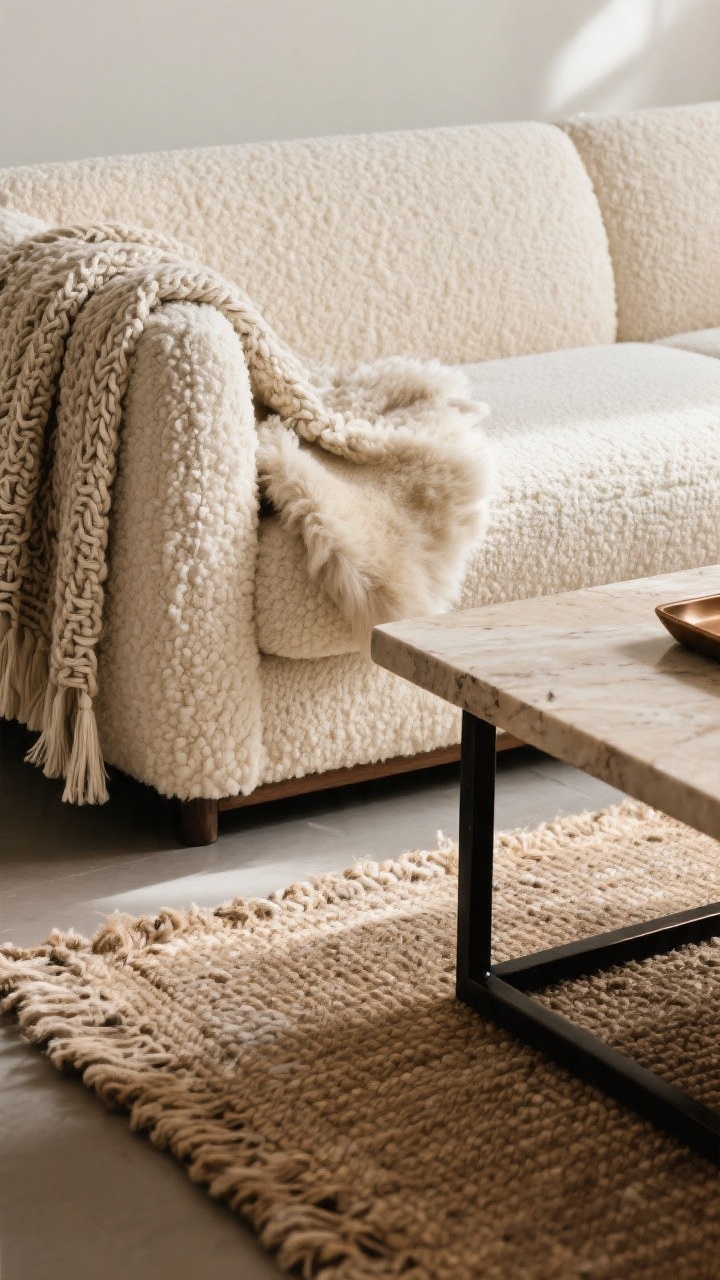 Detail closeup capturing rich textures: a creamy bouclé oversized sofa arm with a casually draped sheepskin or woven throw, adjacent to a smooth travertine (or oak) coffee table edge; wool or jute rug fibers visible beneath; matte black or bronze metal accent peeking in (table leg or tray); soft, side-lit natural lighting that highlights tactile contrast without strong color.