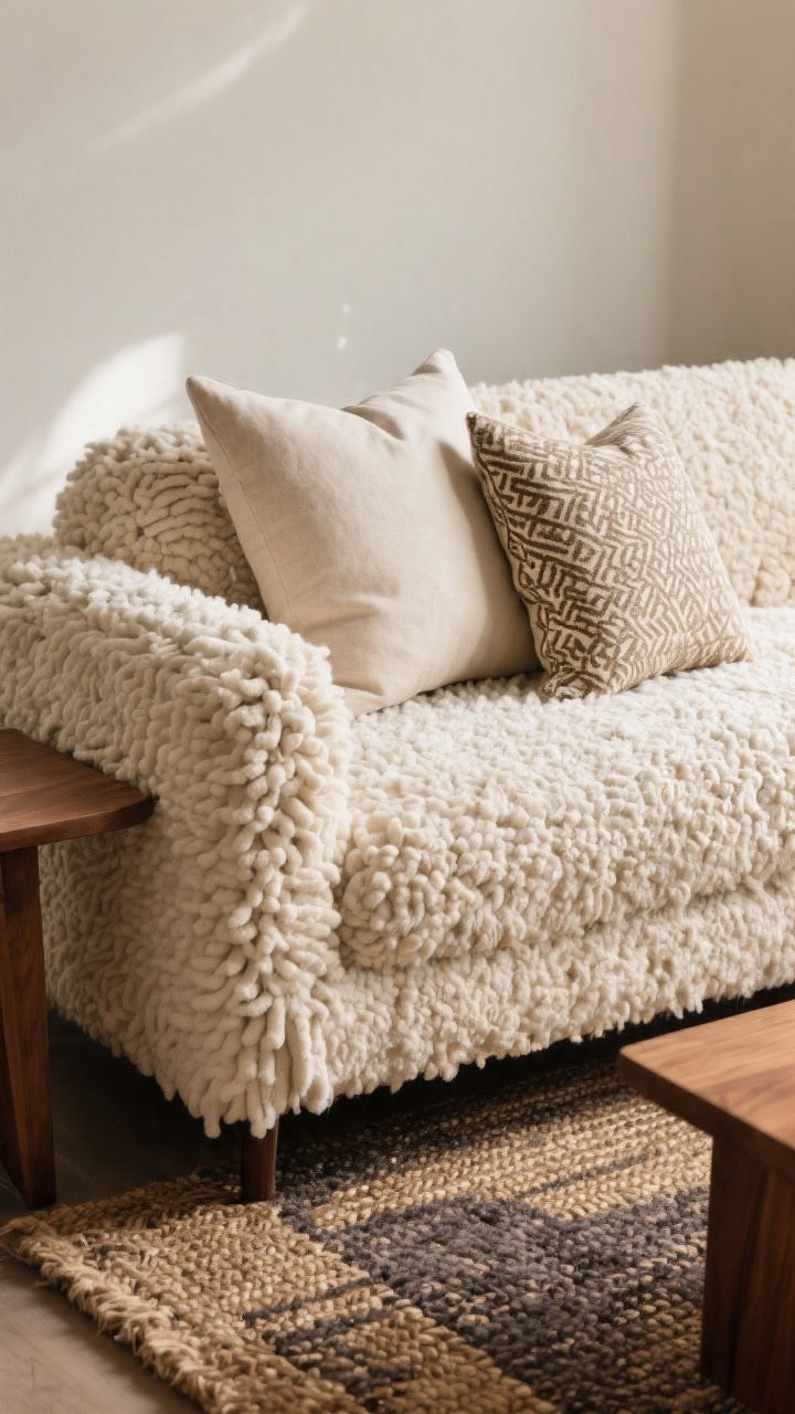 Detail closeup: Cream/sand performance bouclé sectional texture filling frame, showing rich looped pile; simple pillow mix—one linen, one sueded microfiber, and a single patterned lumbar—neatly arranged; a warm wood side table edge visible to ground the fluffy texture; darker woven rug (jute/wool blend) beneath for contrast; soft, indirect daylight highlighting fibers; photorealistic macro-level fabric detail.