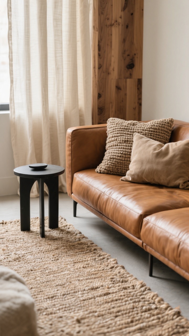 Detail closeup from a corner angle: layered textures without visual noise around a cognac leather sofa. Focus on a wool or jute rug under a matte-black metal side table, linen curtains in bone/oat softly pooling near unfinished oak accents. Include two pillows max on the sofa in chunky weave and suede, tight neutral palette with one wood tone, avoiding any gloss. Soft, diffuse natural light emphasizing the nubby, woven, and matte finishes, photorealistic.