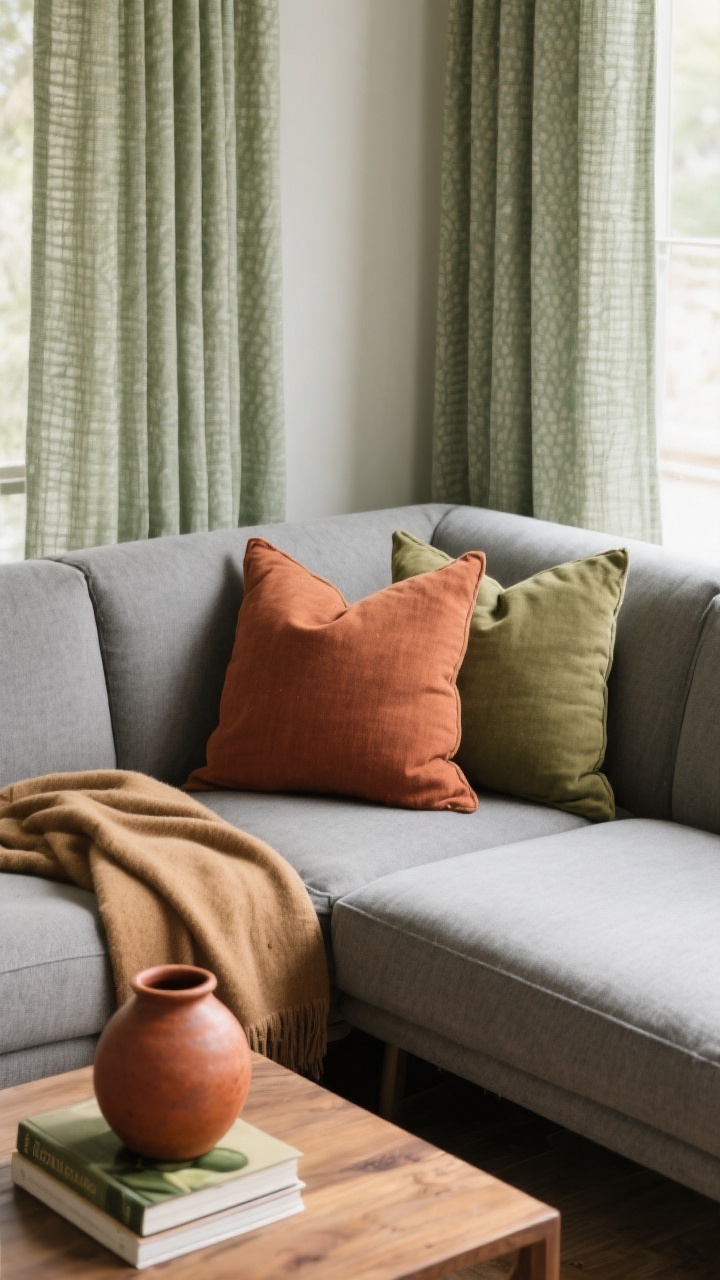 Detail closeup from an overhead angle: the corner of a grey sectional styled with two colored pillows and a throw—earthy rust and olive cushions with a camel-toned throw—repeated by a small rust-toned ceramic vase and olive-spined books on the wood coffee table. Linen curtains in soft sage frame the background blur. Subtle patterns, cohesive color repetition, gentle morning light highlighting fabric weave and ceramic texture. No people.