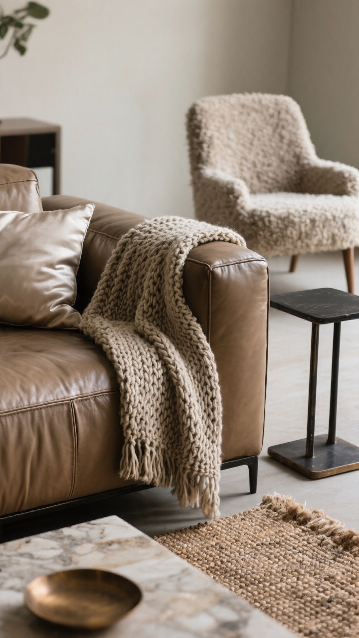 Detail closeup from sofa edge focusing on layered textures: a smooth leather sectional juxtaposed with a chunky knit throw draped over the arm, a silk pillow with soft sheen, and a nubby bouclé accent chair slightly out of focus in the background. Include a layered rug moment at the bottom edge: a natural flatweave base with a plush rug on top. Add a stone surface hint (travertine or marble coffee table corner) and a bronze or blackened steel side table leg for hard-surface contrast. Soft diffused lighting highlighting weave, nap, and material depth. Photorealistic, tactile.