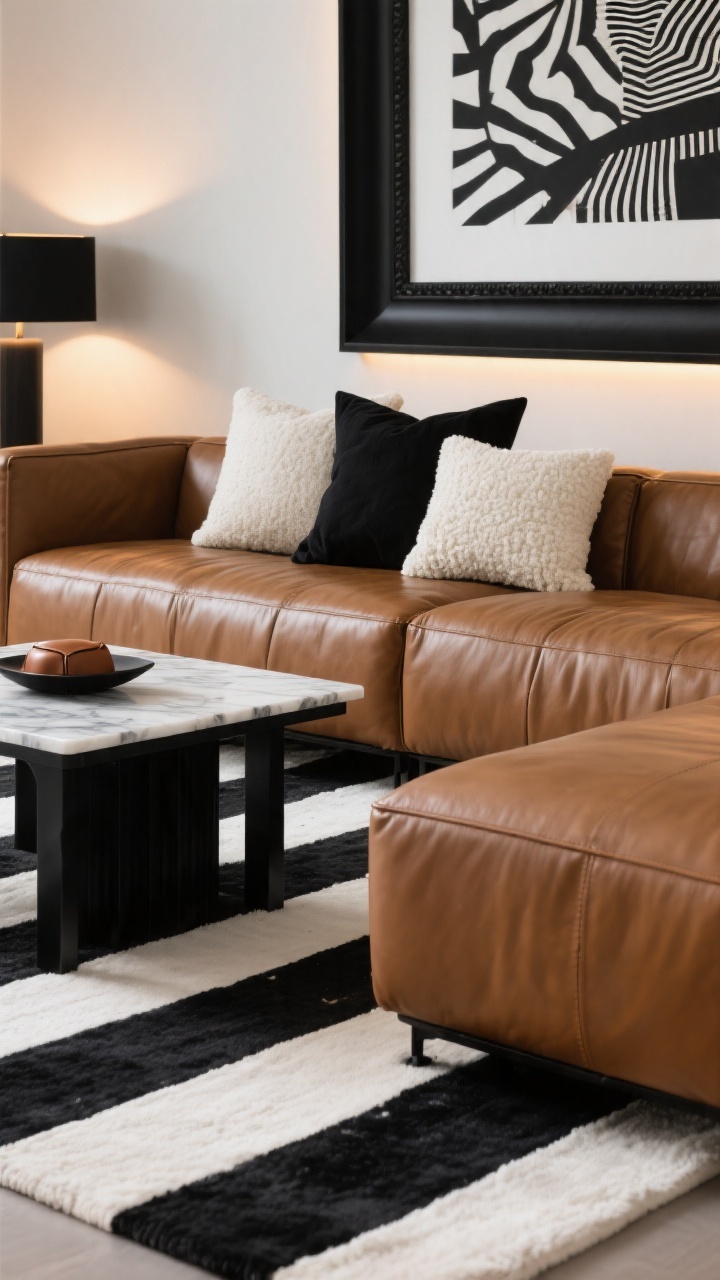 Detail closeup, High-Contrast Black, White, and Cognac: tight shot of a black-and-white striped rug meeting the base of a cognac leather couch; black metal coffee table with marble top and black base; pillows in black linen, ivory bouclé, and a small cognac-toned leather accent; oversized black frame edge with a graphic print in the background; warm, dimmable LED lighting giving the leather a soft glow; crisp yet cozy contrast, photorealistic