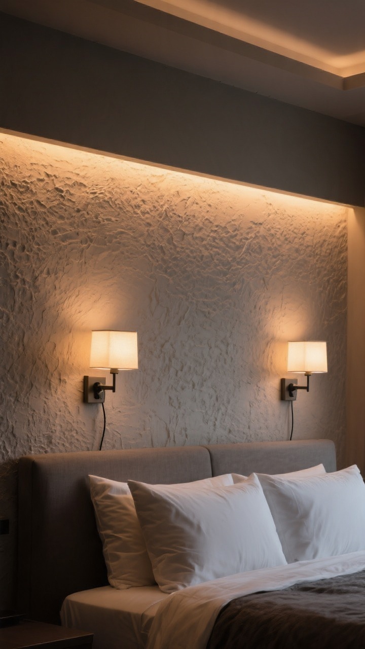 Detail closeup, moody lighting: A headboard wall with textured plaster illuminated by layered wall lighting—a pair of plug-in reading sconces mounted about 6–8 inches above seated shoulder height, dimmed warm 2700K bulbs; a subtle LED wash concealed behind the headboard creates an indirect halo that makes the wall texture glow; cords neatly hidden with covers; no overhead glare, just soft, hotel-level ambiance.