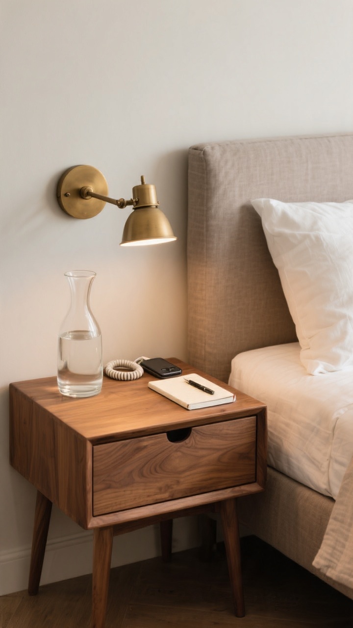 Detail closeup of a functional nightstand setup aligned with the top of the mattress height. Include a drawer front (closed storage), a carafe and glass of water, a neatly coiled phone charger, and a small journal with pen. Mount a matte brass swing-arm wall sconce above to free tabletop space; warm, focused glow illuminating the wood grain and linen bedding textures. Color tones: warm wood, soft taupe, off-white linen; clutter-free and practical.