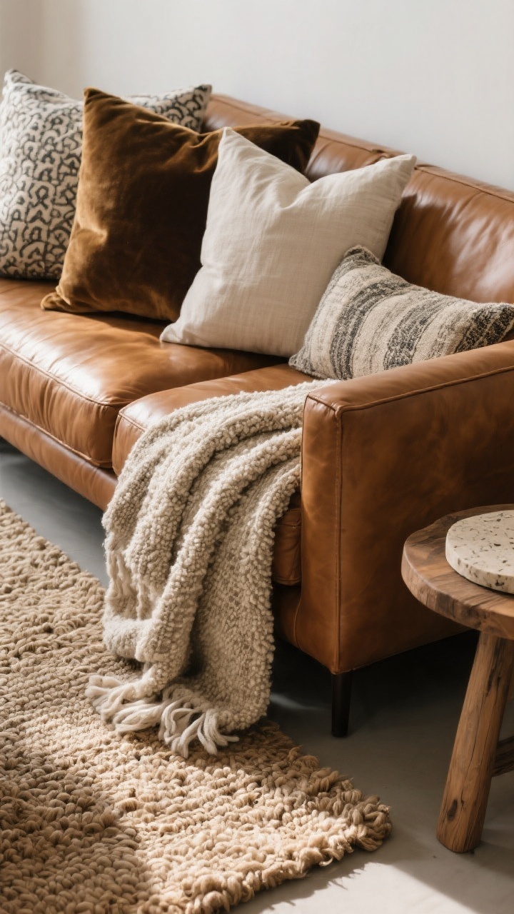 Detail closeup of layered textures beside a cognac leather sofa: a chunky wool or jute-wool blend rug underfoot, a casually draped bouclé throw over the sofa arm, and a mix of linen, velvet, and patterned cotton pillows (2–3 distinct textures visible). Include a rustic wood side table with a travertine coaster to balance the leather’s polish. Matte, tactile finishes emphasized; soft natural light raking across surfaces to reveal texture.