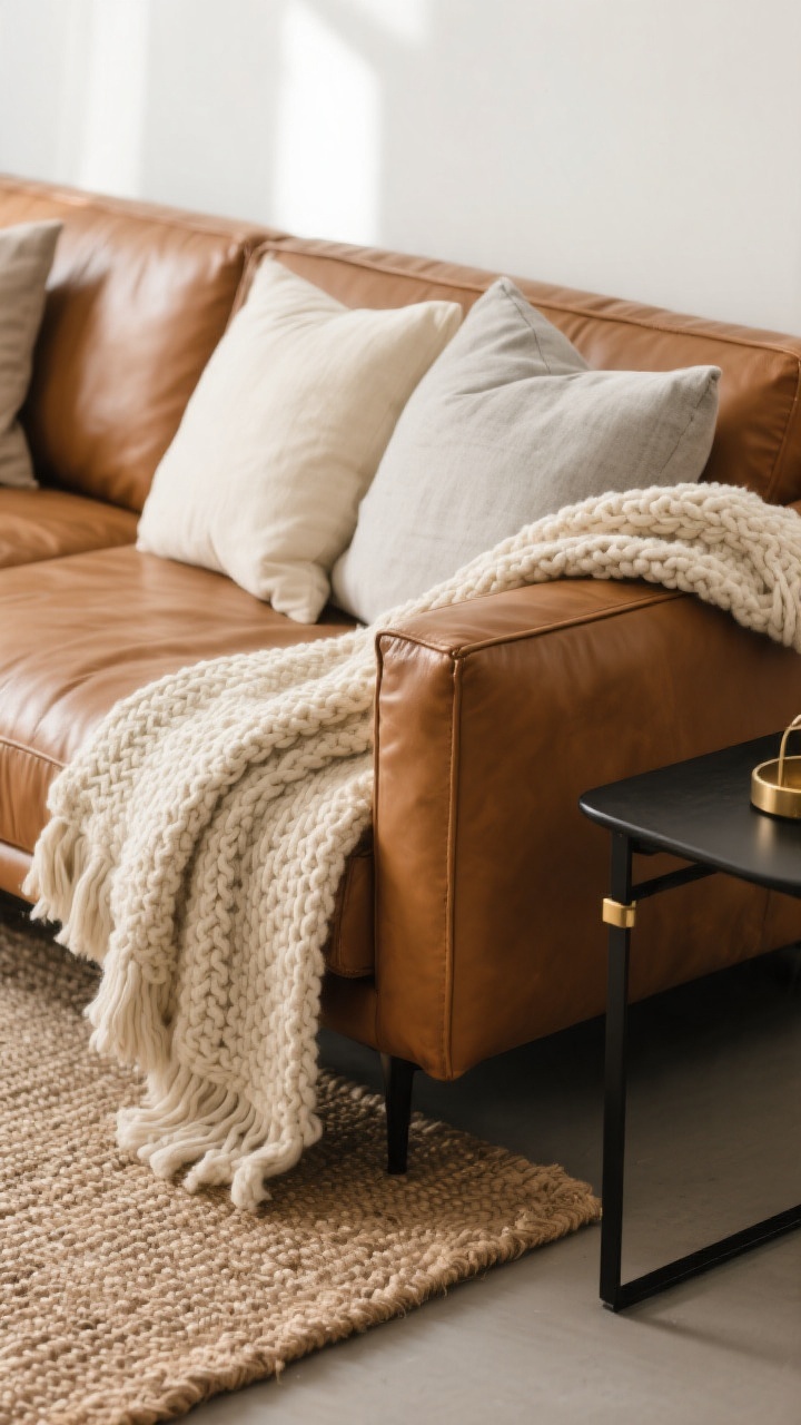 Detail closeup of layered textures on a cognac leather sofa: a creamy bouclé throw draped over the arm, a chunky knit throw folded on the seat, linen and cotton pillows in sandy, cream, and light gray tones, set against a jute or wool flatweave rug below; a matte black metal side table with subtle brass accents nearby; tight color palette of two to three neutrals plus cognac; soft diffused daylight to emphasize fabric weave and leather grain, photorealistic.