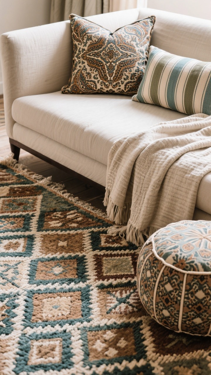 Detail closeup of mixed patterns with balance: a Moroccan diamond-pattern area rug (large scale) under a sofa edge, a medium-scale paisley pillow, and a small-scale striped lumbar pillow, separated by a solid linen throw as a buffer; colors share 1–2 unifying hues; soft side lighting highlighting textiles’ weave; include a small patterned pouf in the frame’s corner.
