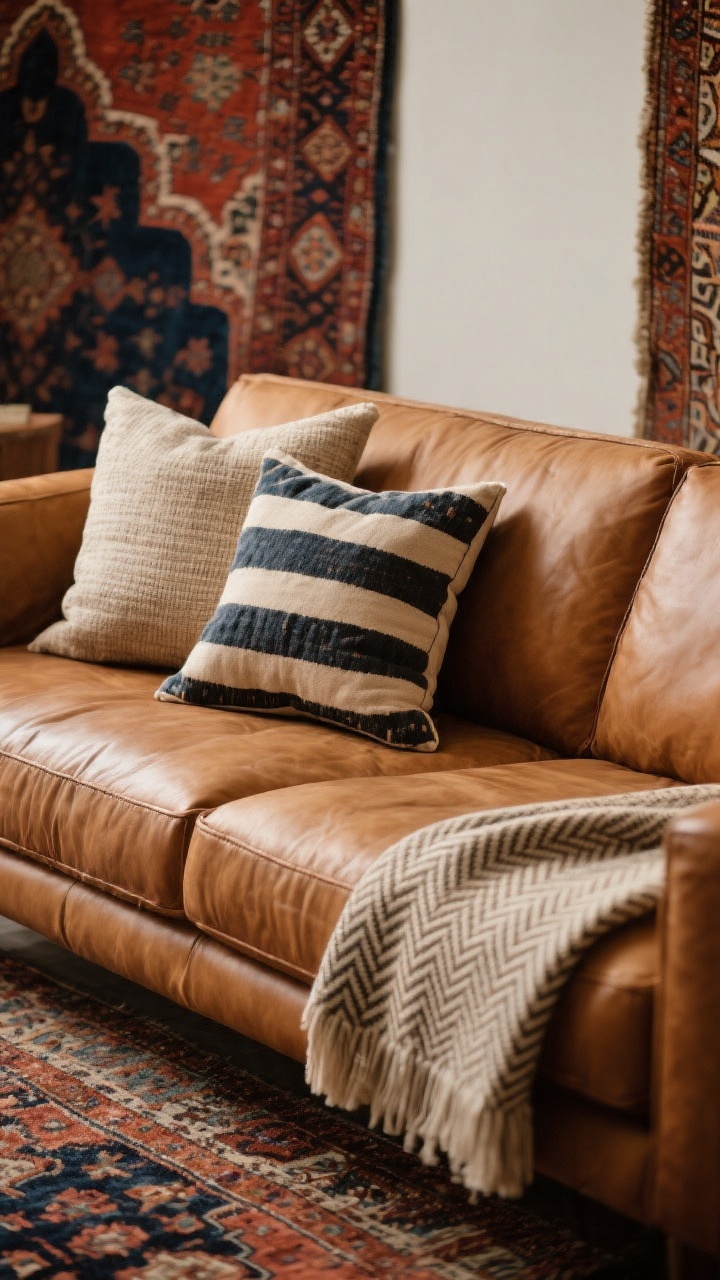 Detail closeup of patterns supporting the camel leather couch: focus on pillows—one bold stripe or block print pillow flanked by two subtly textured pillows; a throw with a quiet herringbone or fine grid folded at the seat edge; background hint of a vintage-inspired Persian/Turkish rug in rust, navy, or slate peeking under the sofa. Soft diffused lighting to keep the couch as the star; harmonious, warm palette.