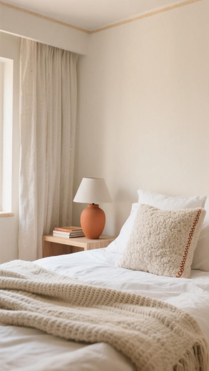 Detail closeup of textures on a neatly made bed: monochrome base in soft white linen duvet and matching curtains, layered with a knit throw and boucle cushion; a small matte ceramic lamp on a light wood bedside ledge; a single accent color—terracotta—appears in a petite vase and stitched edge on the throw, repeated subtly on a book spine; walls, trim, and ceiling painted the same warm off-white; warm, soft ambient light; photorealistic, no people