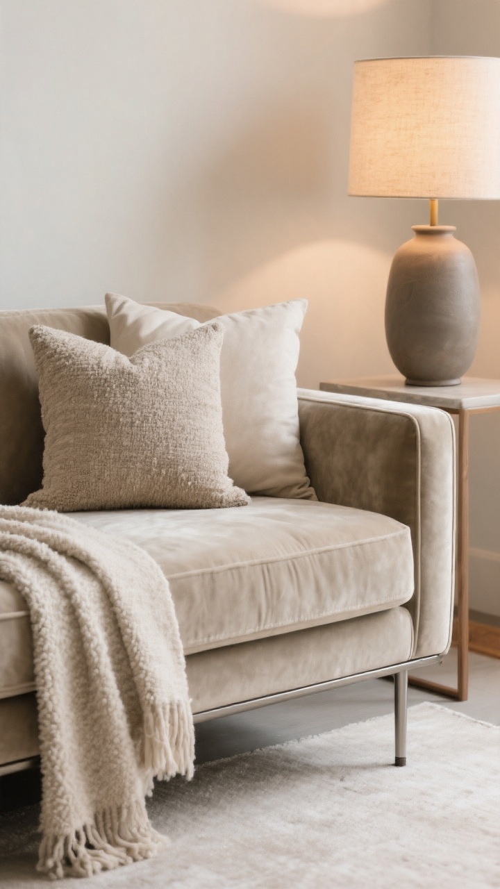 Detail/closeup shot of a minimalist track-arm velvet sofa in a neutral tone, highlighting the crisp silhouette and fabric sheen. Include slim metal legs for an airy feel (or wood legs for warmth), oversized 24-inch tonal pillows, and layered textures around it—bouclé throw, linen cushion, and matte ceramic vase on a nearby side table. Warm floor-lamp lighting grazing the velvet to create a soft glow; focus on clean lines and refined simplicity.
