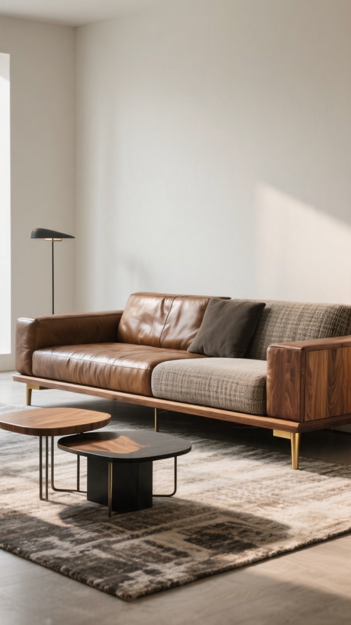 Detail/medium shot of a mixed-material L-shaped sofa featuring a wood plinth base or metal legs (finish matched to room lighting like brass or blackened steel) and a leather-and-fabric upholstery combo; subtle rug that lets the base be the statement; two nesting coffee tables combining different materials to echo the sofa’s mix; textures and junctions (wood grain, metal sheen, leather patina, fabric weave) clearly visible; balanced daylight with gentle reflections; angled close perspective, photorealistic.