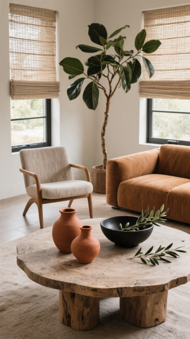 Detail/overhead hybrid: A round wood coffee table styled with unglazed stoneware and terracotta vases in organic, curvy forms, a matte black ceramic bowl, and fresh olive branches; in the scene, a curved-arm accent chair offsets the straight lines of the nearby cognac sofa; a tall olive tree or rubber plant adds sculptural greenery; windows dressed with layered linen roman shades and woven blinds filtering natural light for a soft, organic atmosphere.